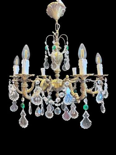 French Brass and Crystal 6 Light Antique Chandelier