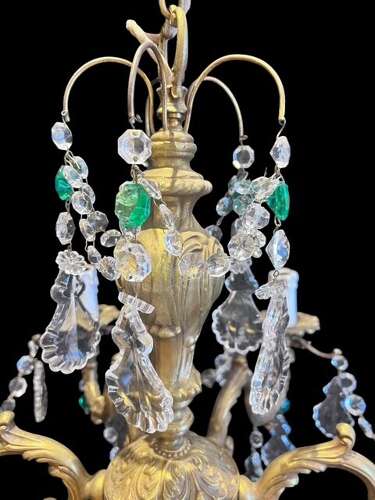 French Brass and Crystal 6 Light Antique Chandelier