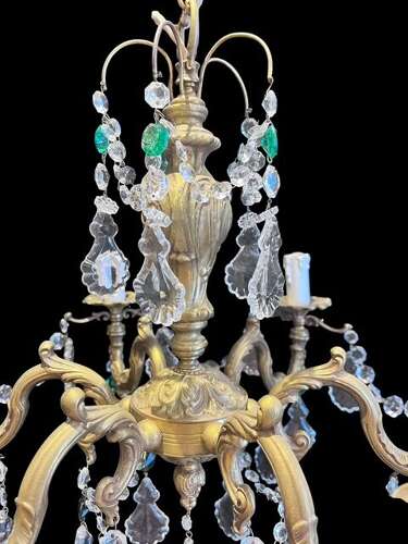 French Brass and Crystal 6 Light Antique Chandelier