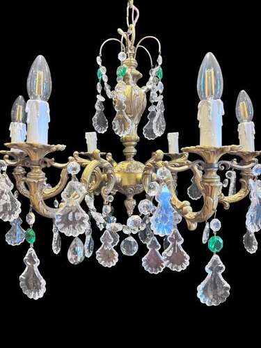 French Brass and Crystal 6 Light Antique Chandelier