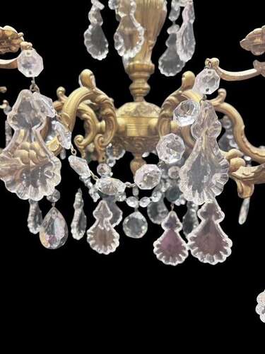 French Brass and Crystal 6 Light Antique Chandelier