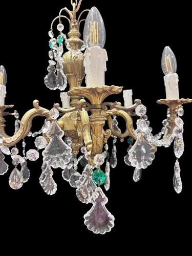French Brass and Crystal 6 Light Antique Chandelier