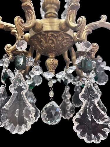 French Brass and Crystal 6 Light Antique Chandelier