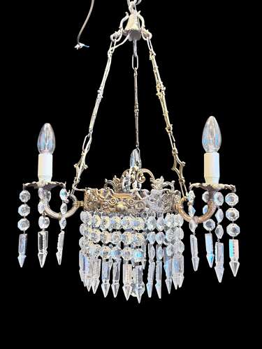 Antique French Art Nouveau Three-Light Brass Chandelier