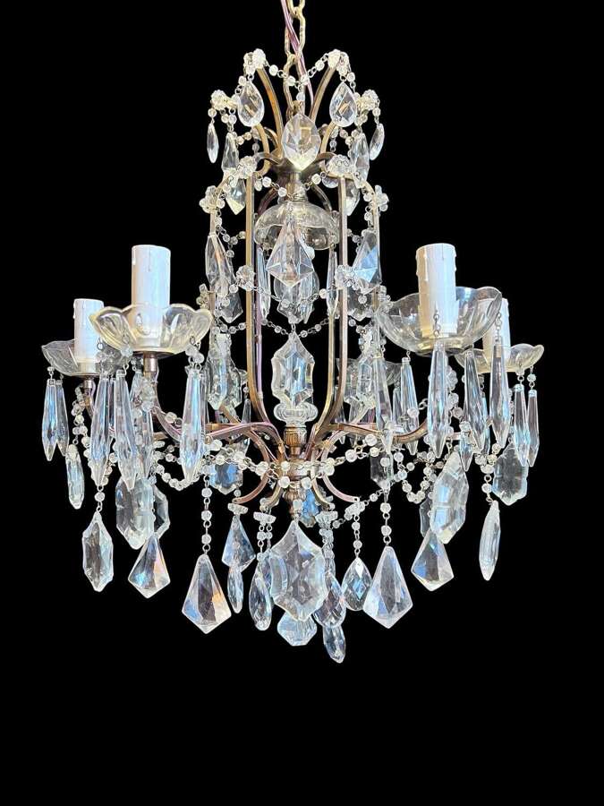 Six Light French Antique Brass and Crystal Chandelier