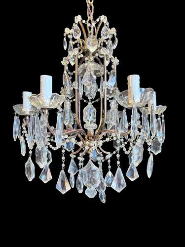 Six Light French Antique Brass and Crystal Chandelier