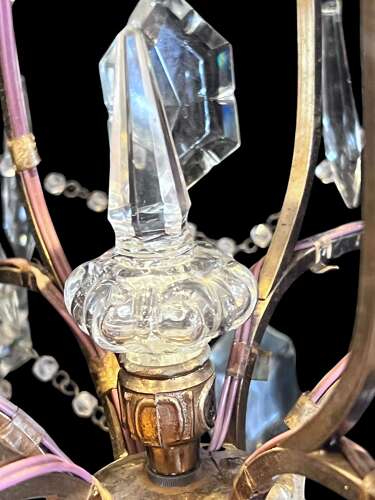 Six Light French Antique Brass and Crystal Chandelier
