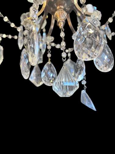 Six Light French Antique Brass and Crystal Chandelier