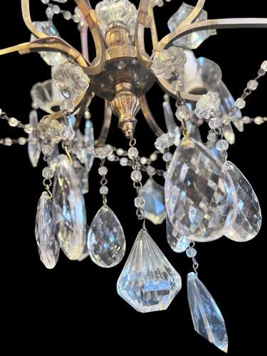 Six Light French Antique Brass and Crystal Chandelier