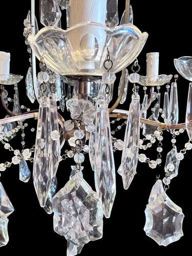 Six Light French Antique Brass and Crystal Chandelier