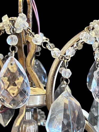 Six Light French Antique Brass and Crystal Chandelier