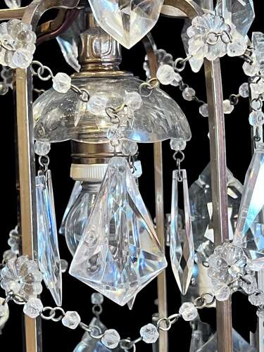 Six Light French Antique Brass and Crystal Chandelier