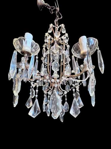Six Light French Antique Brass and Crystal Chandelier