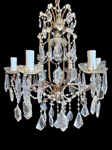 Six Light French Antique Brass and Crystal Chandelier