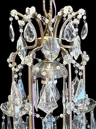 Six Light French Antique Brass and Crystal Chandelier