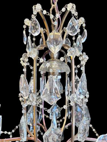 Six Light French Antique Brass and Crystal Chandelier