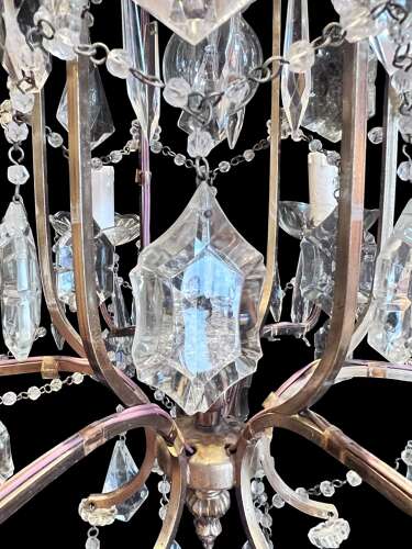 Six Light French Antique Brass and Crystal Chandelier