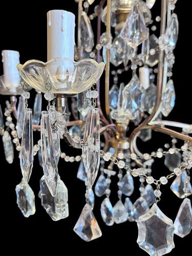 Six Light French Antique Brass and Crystal Chandelier