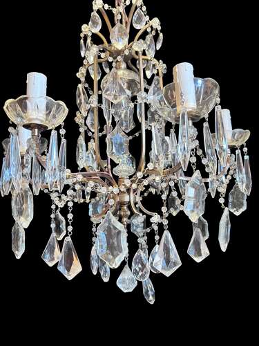 Six Light French Antique Brass and Crystal Chandelier