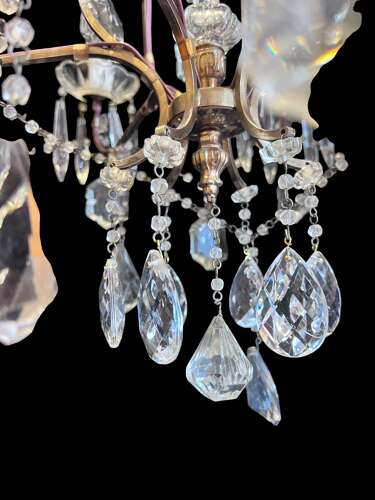 Six Light French Antique Brass and Crystal Chandelier