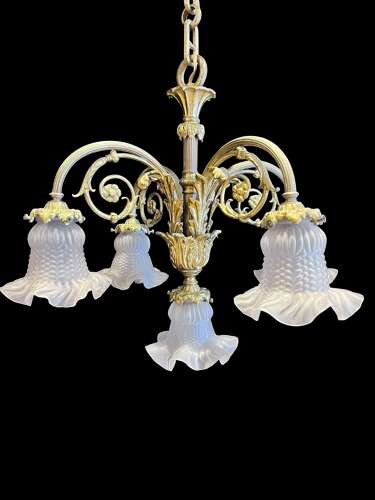 A French Brass Four Light Downlight Pendant Antique Chandelier