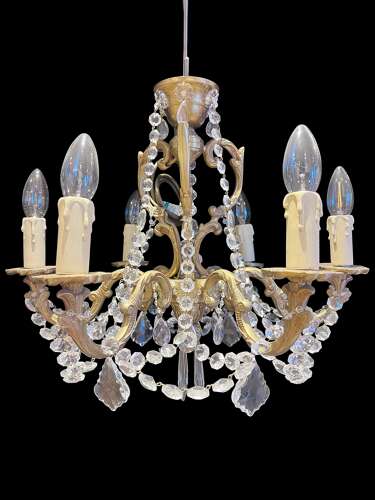 A  Pair of Six Light French Brass and Crystal Antique Chandeliers