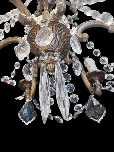 A  Pair of Six Light French Brass and Crystal Antique Chandeliers