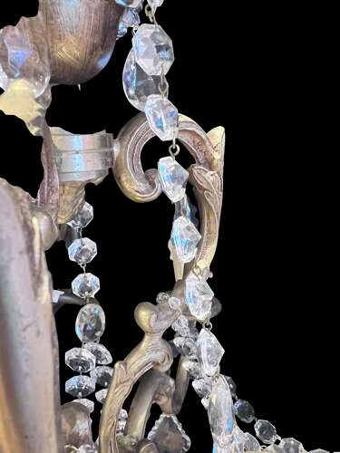 A  Pair of Six Light French Brass and Crystal Antique Chandeliers