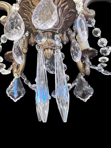 A  Pair of Six Light French Brass and Crystal Antique Chandeliers